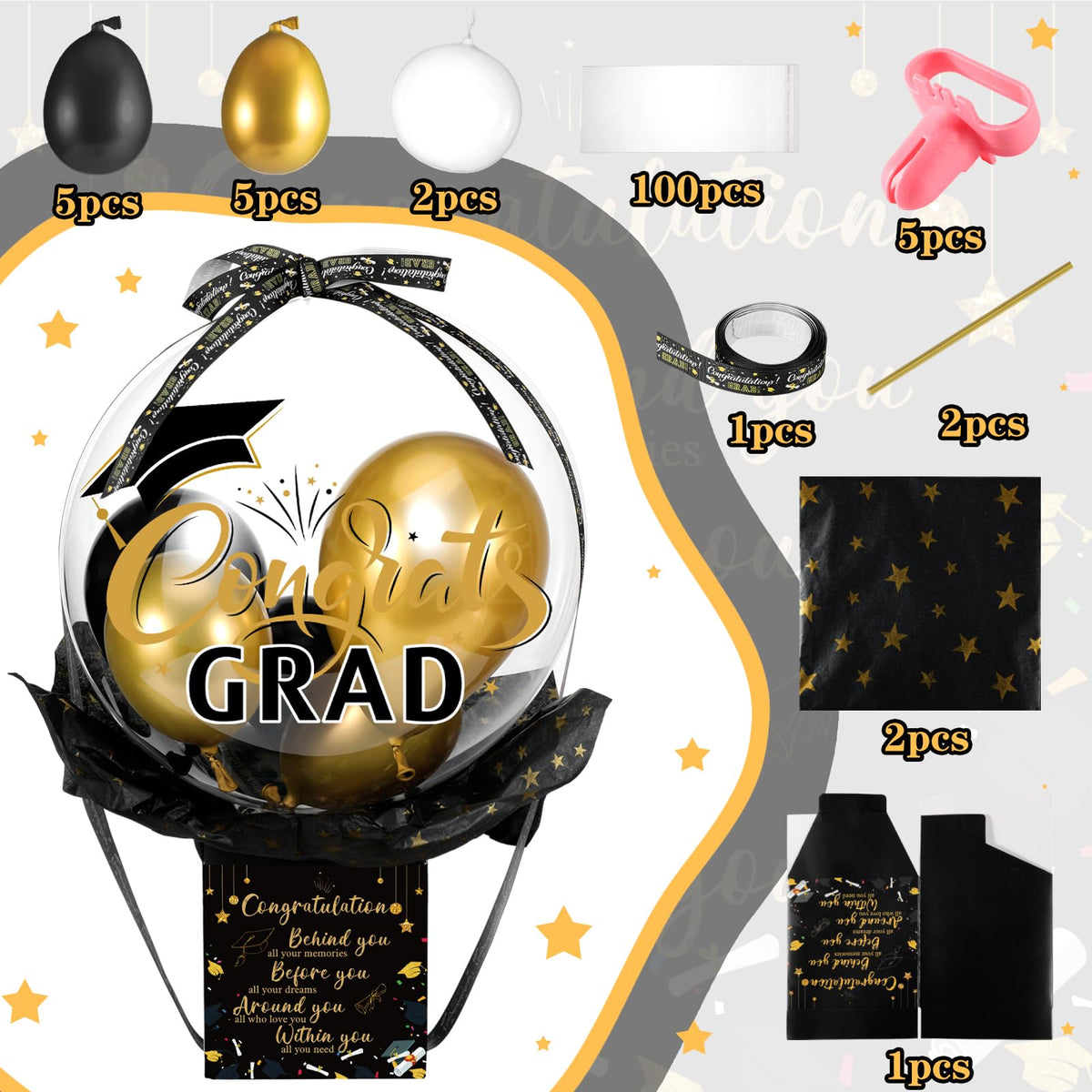 MiniInflat Black Gold Graduation Pull Money Balloon Box Gift Surprise Kit for Cash Graduation Party Balloon Set Class of 2026 Graduates Gifts for College High School Grad Party Decorations Supplies