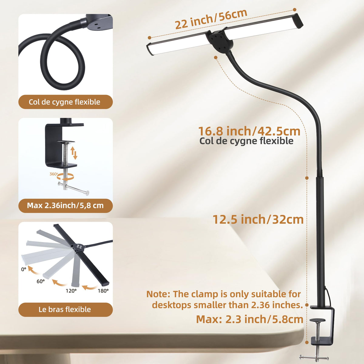Motumen Led Desk Lamp for Home Office, Eye-Care Architect Light with Clamp, Smart Double Head Computer Monitor Table Clip Lamp, Adjustable Flexible Goose-Neck, 25 Lighting Models, Task Lamp, Black