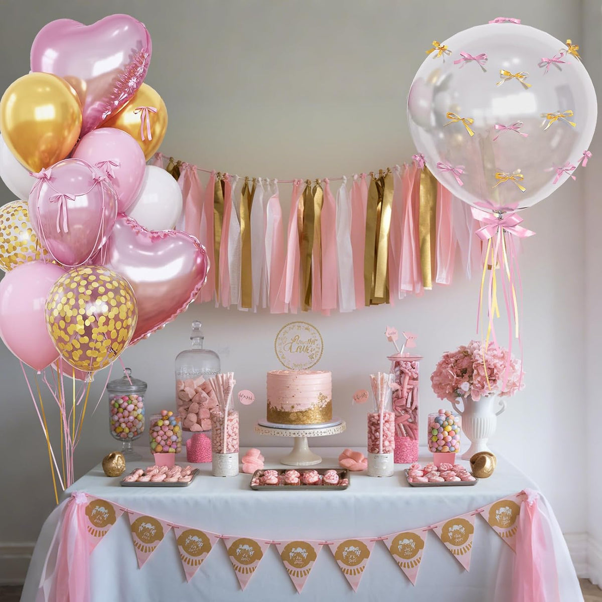 Skiennix Heart Shape Balloons - Light Pink & Gold Metallic Confetti | 18" Clear Mylar for Birthday Decor