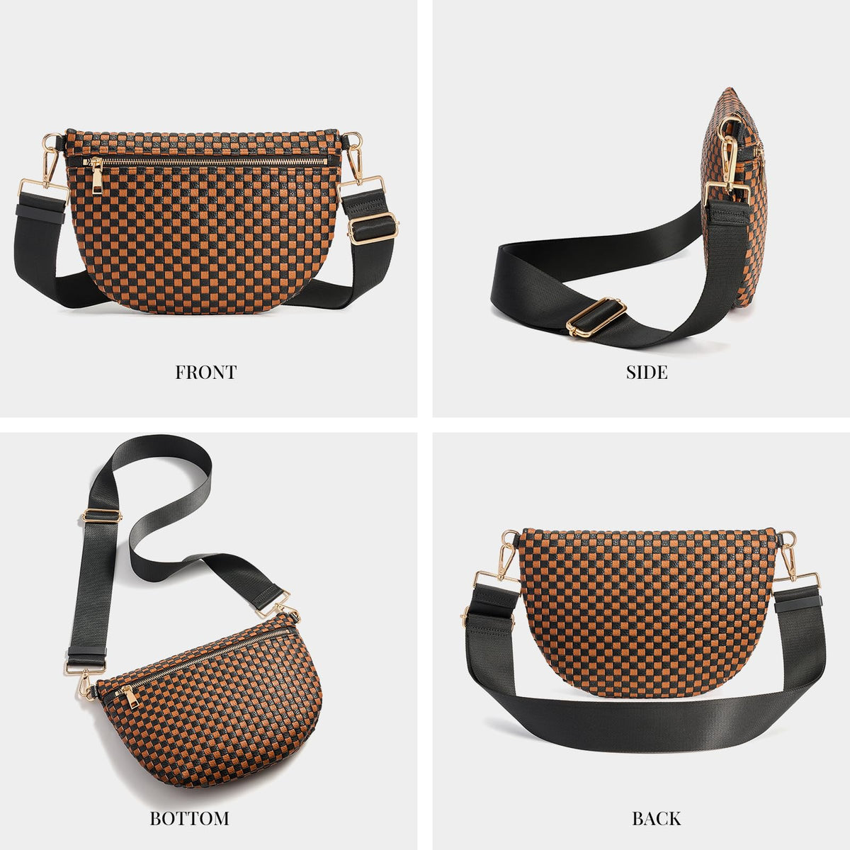 Woven Crossbody Bags For Women, Checkered Fashion PU Bum Bag Waist Pack, Travel Sling Purse with Adjustable Strap（Black and Brown)