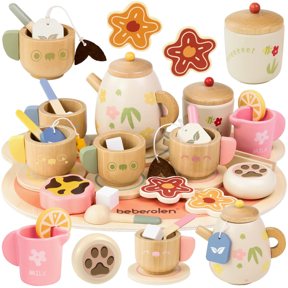 Beberolen Tea Party Set for Toddlers 3-5 Girls Boy Birthday Gift Pretend Play Food Wooden Picnic Outdoor Toys Kids Age 2 3 4 5 6 Educational Wood Toy