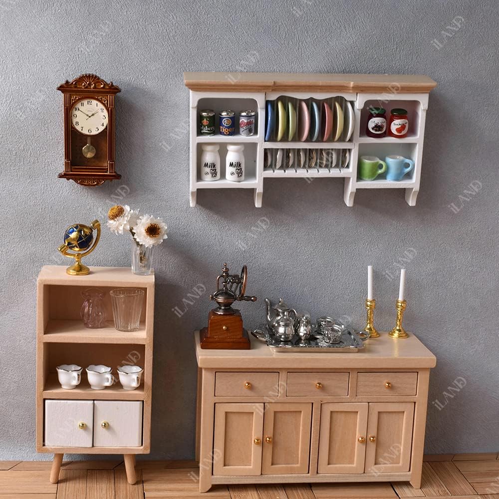 iLAND Miniature Dollhouse Accessories on 1:12 Scale, Grandfather Wall Clock and Record Player, elf Accessories