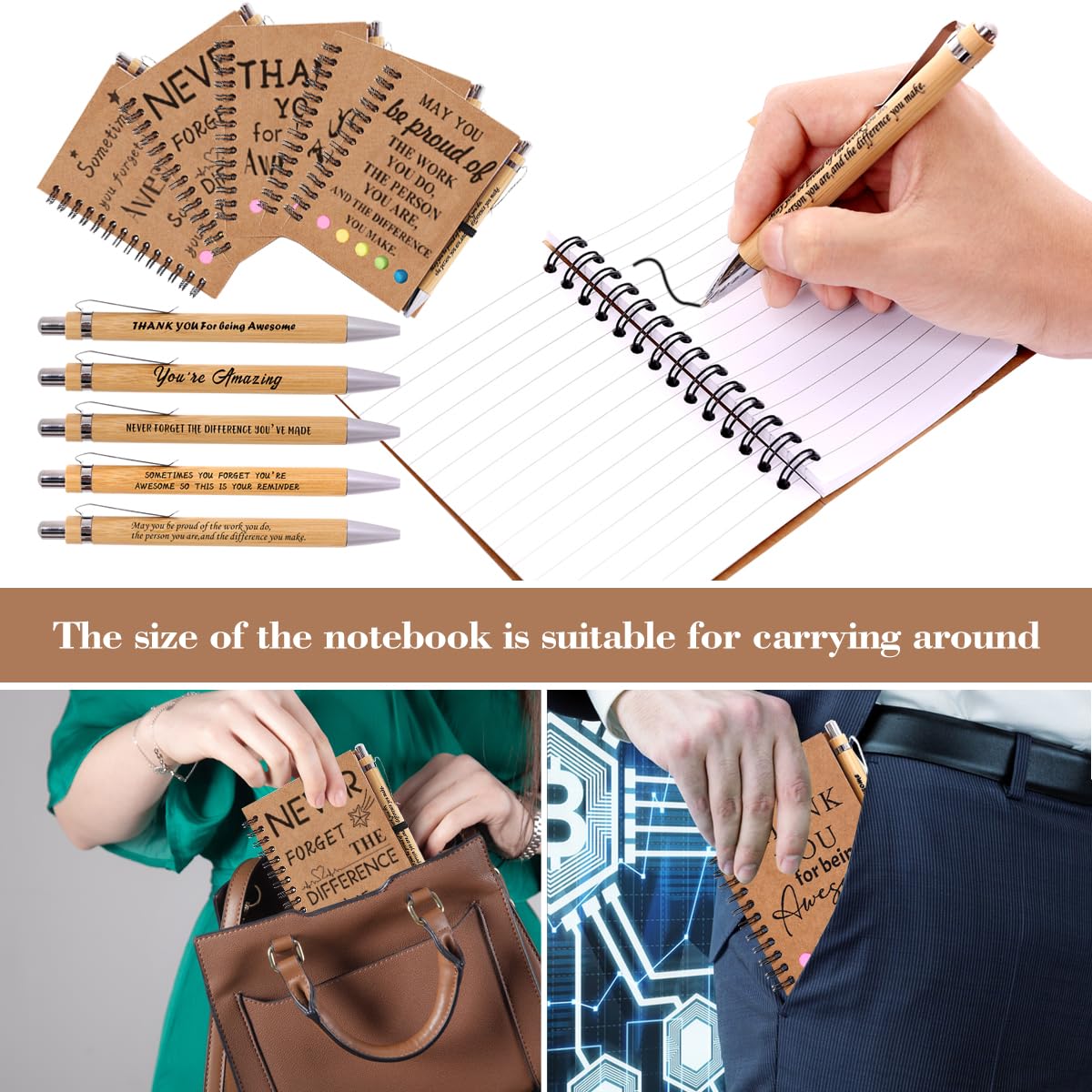 30 Sets Employee Appreciation Gifts Bulk Inspirational Spiral Notebook with Sticky Note and Motivational Bamboo Pens Thank You Gifts for Employees Coworkers,Teachers,Nurse,Office Staff,Team,Volunteer