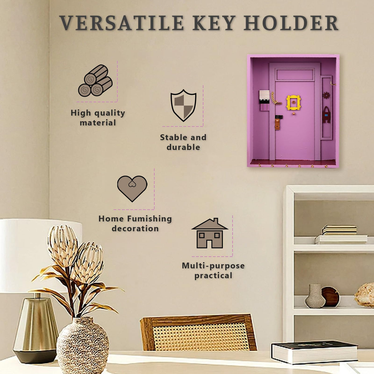 Key Holder, Friends TV Show Merchandise Cute Key Holder Friendship Gifts,Art Key Hold er,Handmade Wooden Key Hooks Key Hangers for Wall Decorative, Entryway, Bathroom, Living Room Office (Pink)