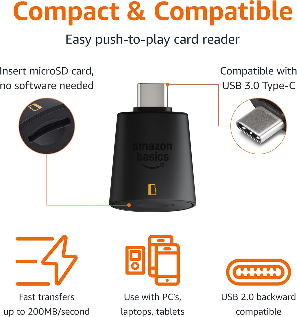 Amazon Basics 3.0, 200MB/s, Micro SD Card Reader USB-C High Speed Data Transfer up to Compatible with Smartphones