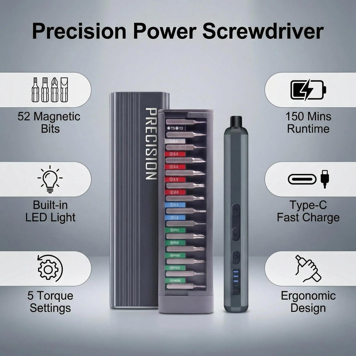 JIEHET Mini Electric Screwdriver Set, Cordless Screwdriver, Max 0.5N.m, 52 Magnetic Bits, LED Light, Magnetic Storage, Repair Tool for Electronics, Camera, Laptop, and PC Build