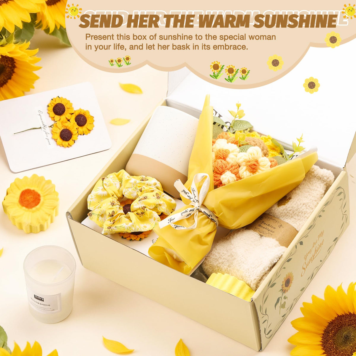 11Pcs Sunflower Birthday Gifts for Women, Get Well Soon Gift Baskets with Spa Gift Set,Inspirational Sunflower Self Care Package, Thinking of You Unique Gifts for Mom Sister Wife