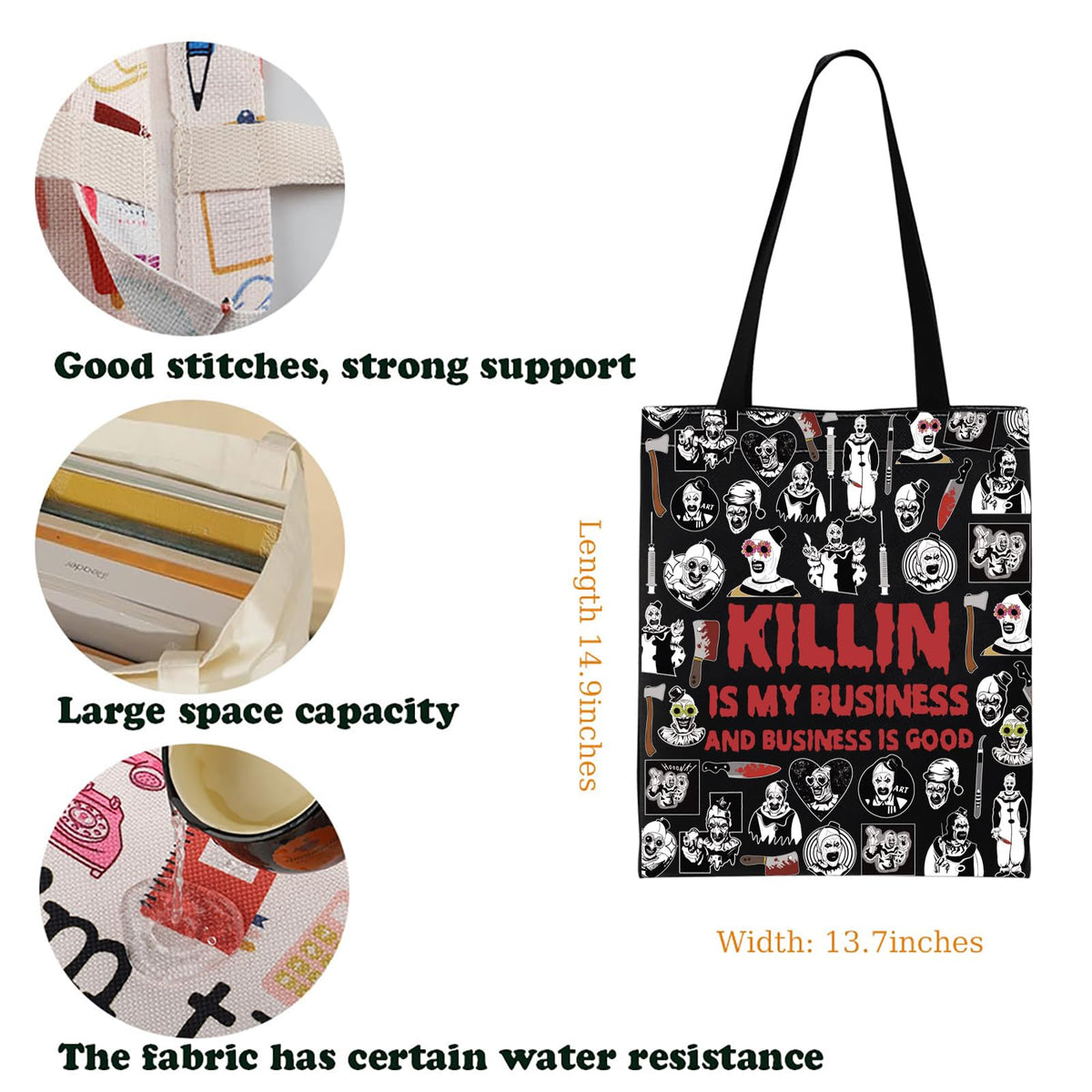 KUIYAI Clown Movie Merchandise Inspired Tote Bag KillerClown Canvas Bag Horror Movie Lover Gift Art Scary Clown Character Gift (BusinessGoodToteBlk)