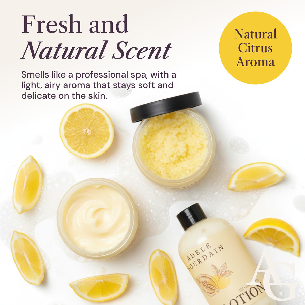 Adelegourdain Self Care Kit Woman - 4pcs Citrus Scent - Bath and Body Care Gift Basket for Women - Personal Care Spa Care Package with Body Wash, Lotion, Scrub & Butter, Birthday Gifts for Her