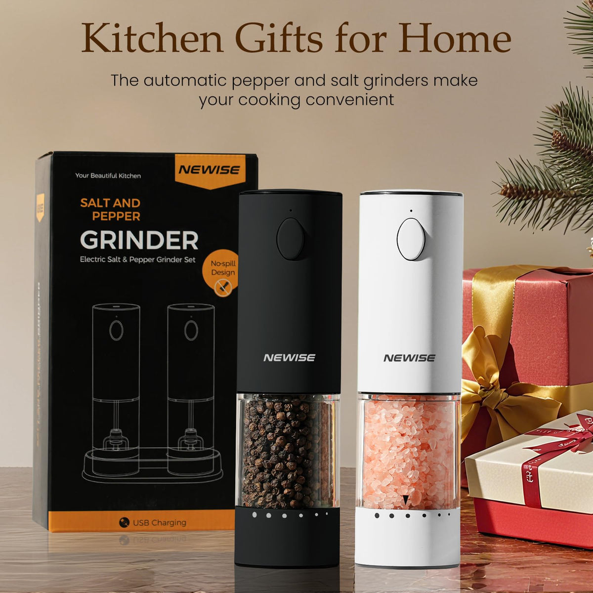 Electric Salt and Pepper Grinder Set, Adjustable Coarseness & LED Light, Rechargeable Large Capacity Stainless Steel Mill, Birthday Cooking Gifts for Women Mom- Black/White