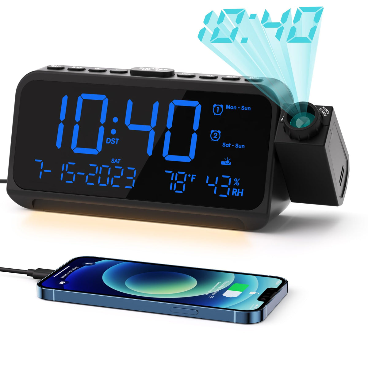 ROCAM Projection Alarm Clock for Bedroom Ceiling, Digital Clock with 180° Projector with 5-Level Dimmer, Dual Loud Alarm with Weekend/Weekday Mode, Date, Temp, Humidity, Night Light, DST, Snooze