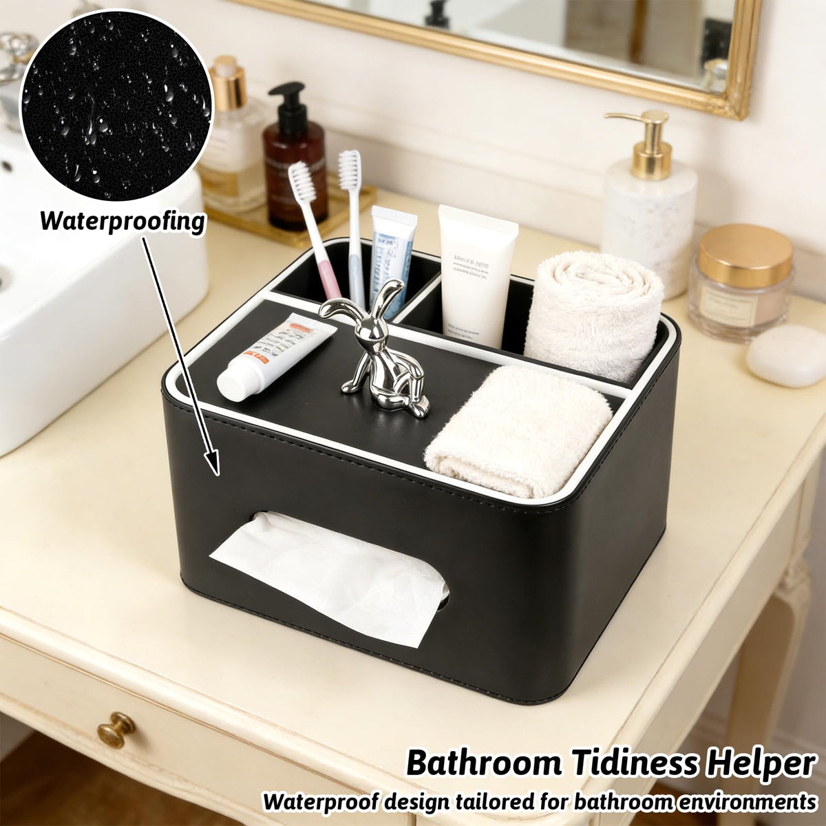 PU Leather Tissue Box Cover Square - Multifunctional Tissue Box Holder with Storage, Tissue and Remote Control Holder Organizer with Compartments for Bedroom Nightstand, Desk, Living Room (Black)