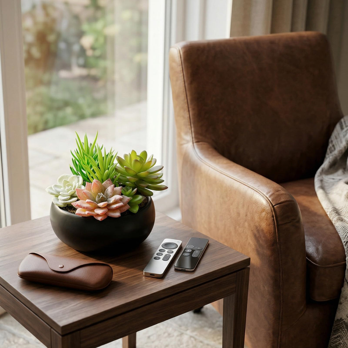 MyGift Mini Artificial Succulent in Pot, Fake Plant Arrangement in Black Ceramic Planter Bowl