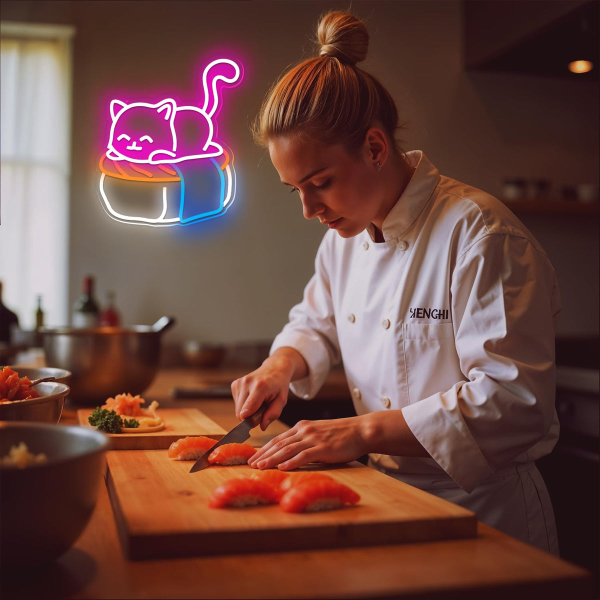 Sneignon Cute Sushi Cat Neon Sign for Bedroom,Light Up Cat Sign for Pet Store Wall Decor,Kawaii LED Neon Light for Cat Sushi Lovers,Pink Cat Wall Sign for Girls Room,Animal Neon Light Up Wall Art