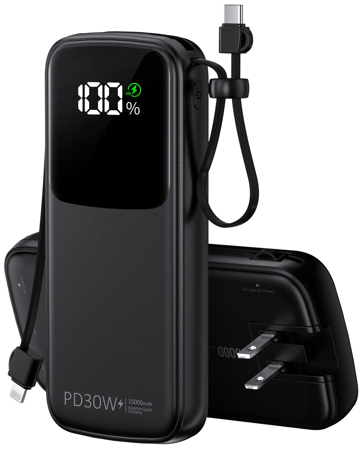 UYAYOHU Portable Charger, Power Bank, 15000mAh Battery Pack Fast Charging Lightweight, Built-in AC Wall Plug and 2 Output Cables with LED Display for iPhone15 14 13 12 11 Samsung iPad etc(Deep Black)