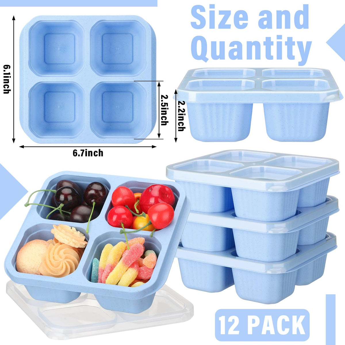 Ziliny 12 Pcs 4 Divided Compartments Snack Containers Bento Wheat Straw Snack Box with Lid Reusable Meal Prep Lunch Box Food Storage Containers for Adults Christmas Travel Work Gifts(Blue)