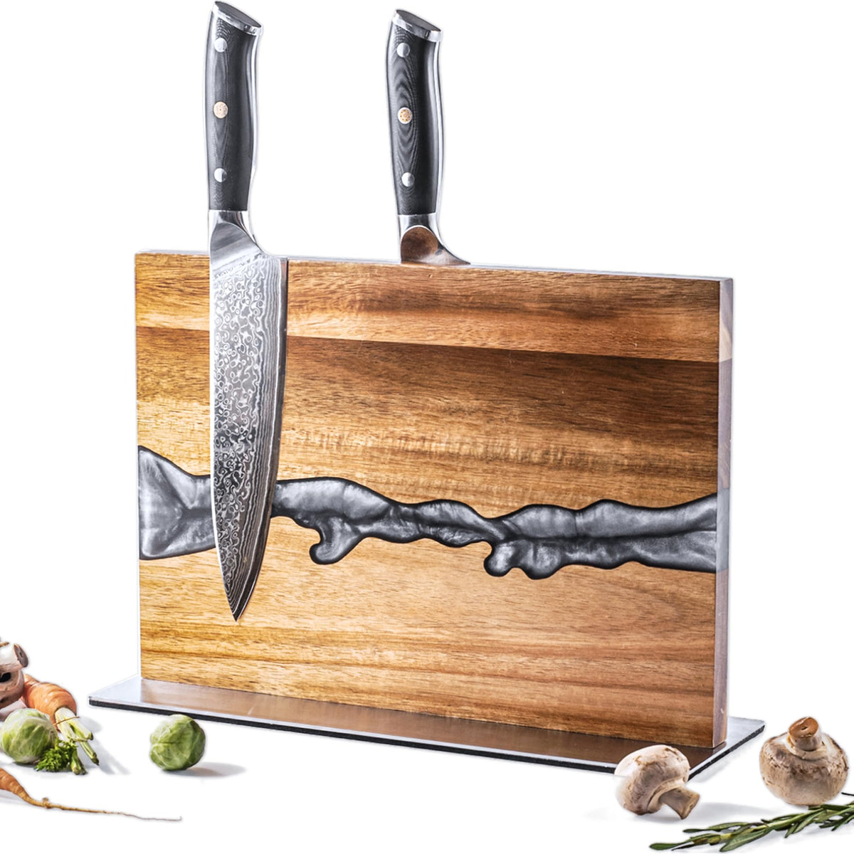 Magnetic Knife Holder Block for Countertop, No Drill Acacia Wood Stand with Epoxy Resin Art & Strong Magnets - Fits Chef Knives & Scissors & Bar Tools (No Knives Included)