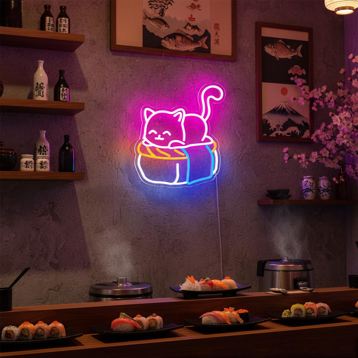Sneignon Cute Sushi Cat Neon Sign for Bedroom,Light Up Cat Sign for Pet Store Wall Decor,Kawaii LED Neon Light for Cat Sushi Lovers,Pink Cat Wall Sign for Girls Room,Animal Neon Light Up Wall Art