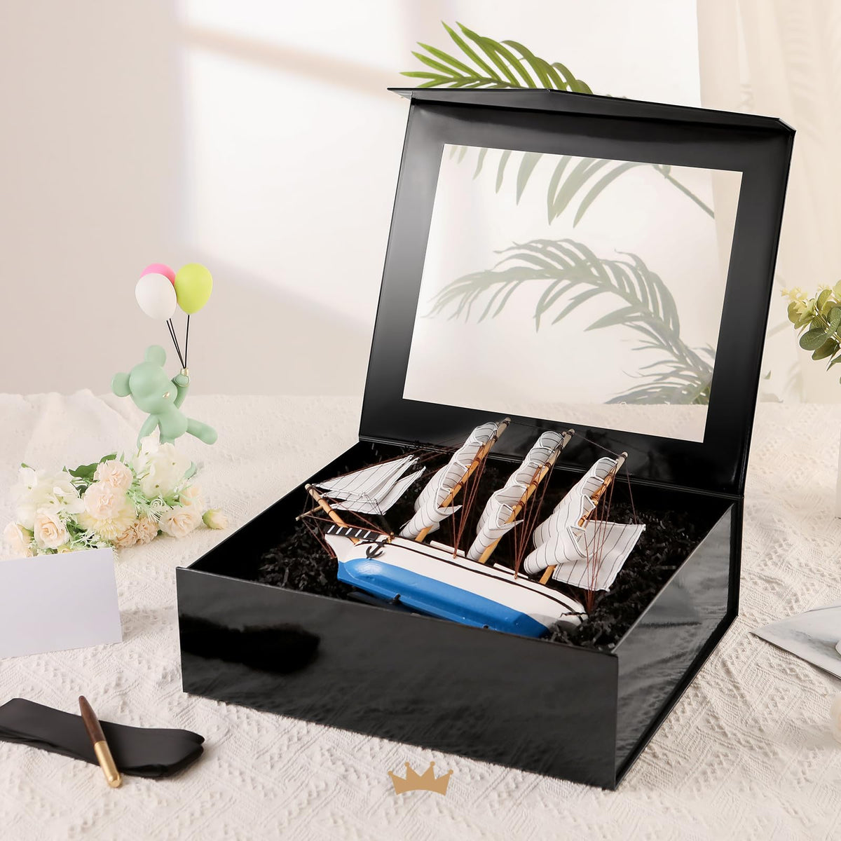 PACKQUEEN Extra Large Black Gift Box with Window, 16.3x14.2x5 Inches Clear Gift Box for Present Contains Ribbon, Card, Groomsman Proposal Box with Magnetic Lid (Glossy Black)