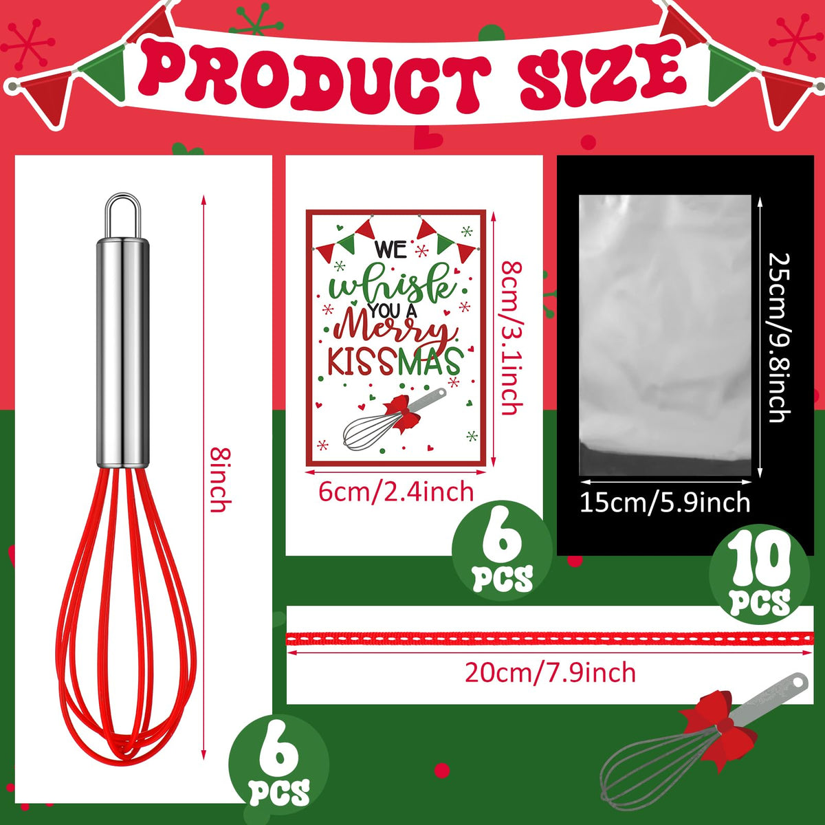 Nuogo 6 Sets Christmas Neighbor Gifts Christmas Whisk Baking Cooking Supplies Includes 8 Inch Stainless Steel Whisk, Greeting Cards, Ribbons, Plastic Bags for Kitchen Supplies Xmas Stocking Stuffers
