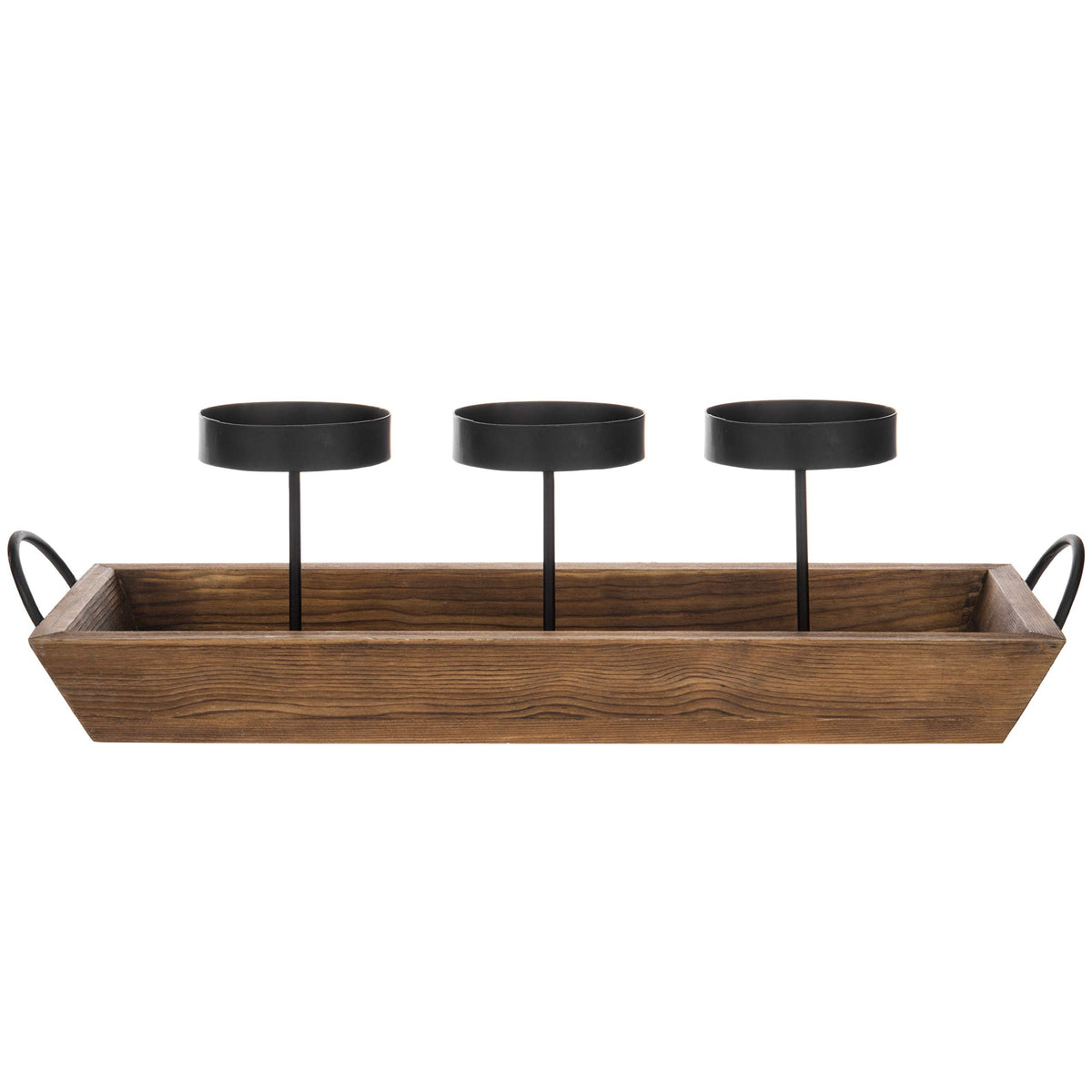 MyGift 3-Pillar Black Metal Candle Holder with Rustic Wood Tray and Handles, Tabletop/Mantel Centerpiece