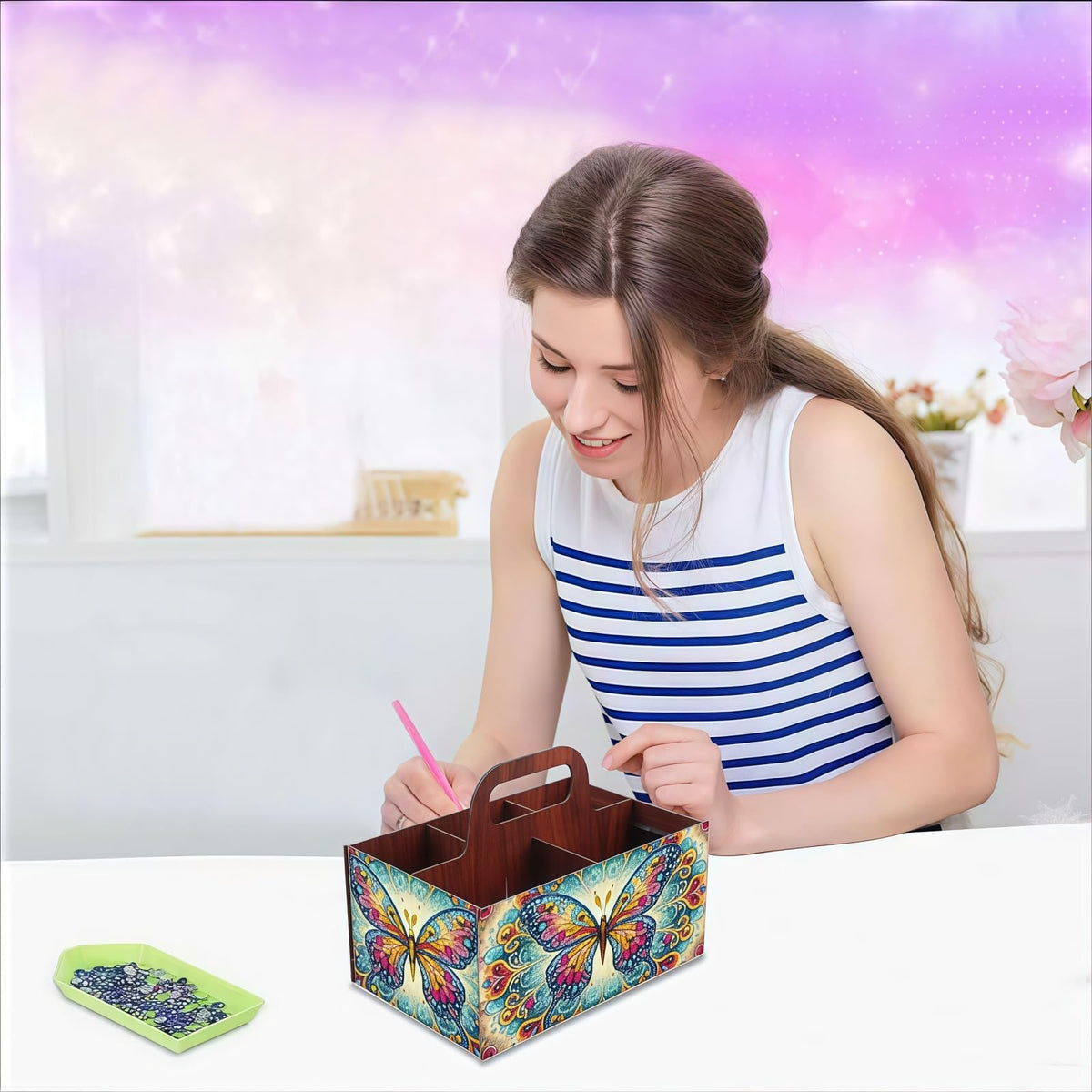 LSQFS DIY Diamond Painting Storage Box, Wooden Multi-Grid Organizer with Handle, Portable Desktop Caddy for Art Kits, Craft Tools, Makeup Brushes, Stationery Home Office