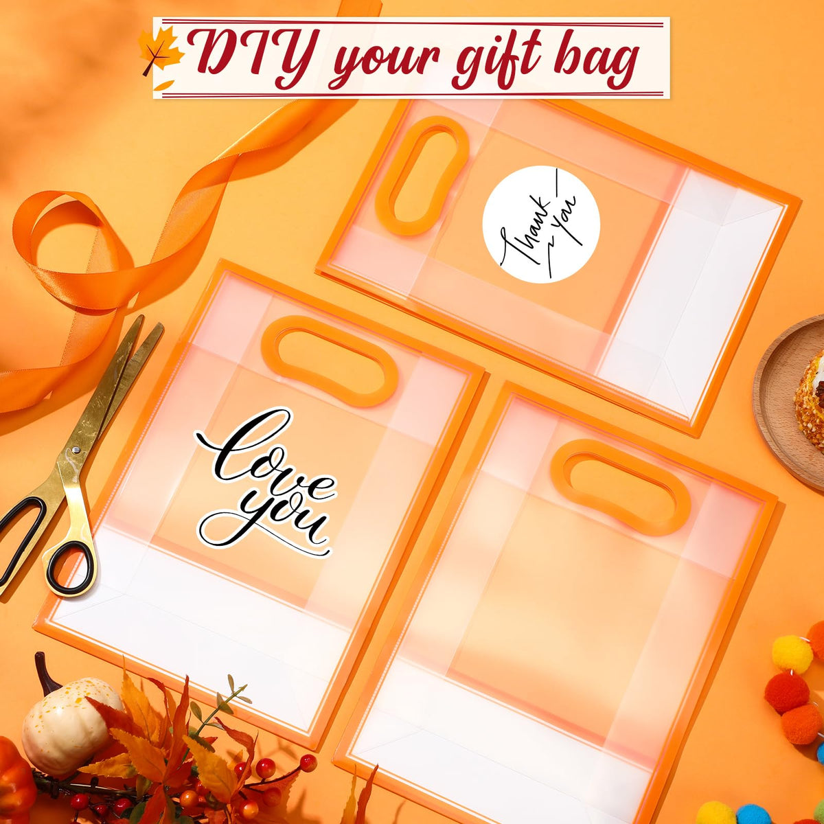 Aliceset 12 Pcs Clear Plastic Gift Bag with Die Cut Handles Reusable PP Favor Bag with Ribbon for Wedding Bridal Birthday Baby Shower Party Small Business, 7x10x3.15 Inch(Orange)