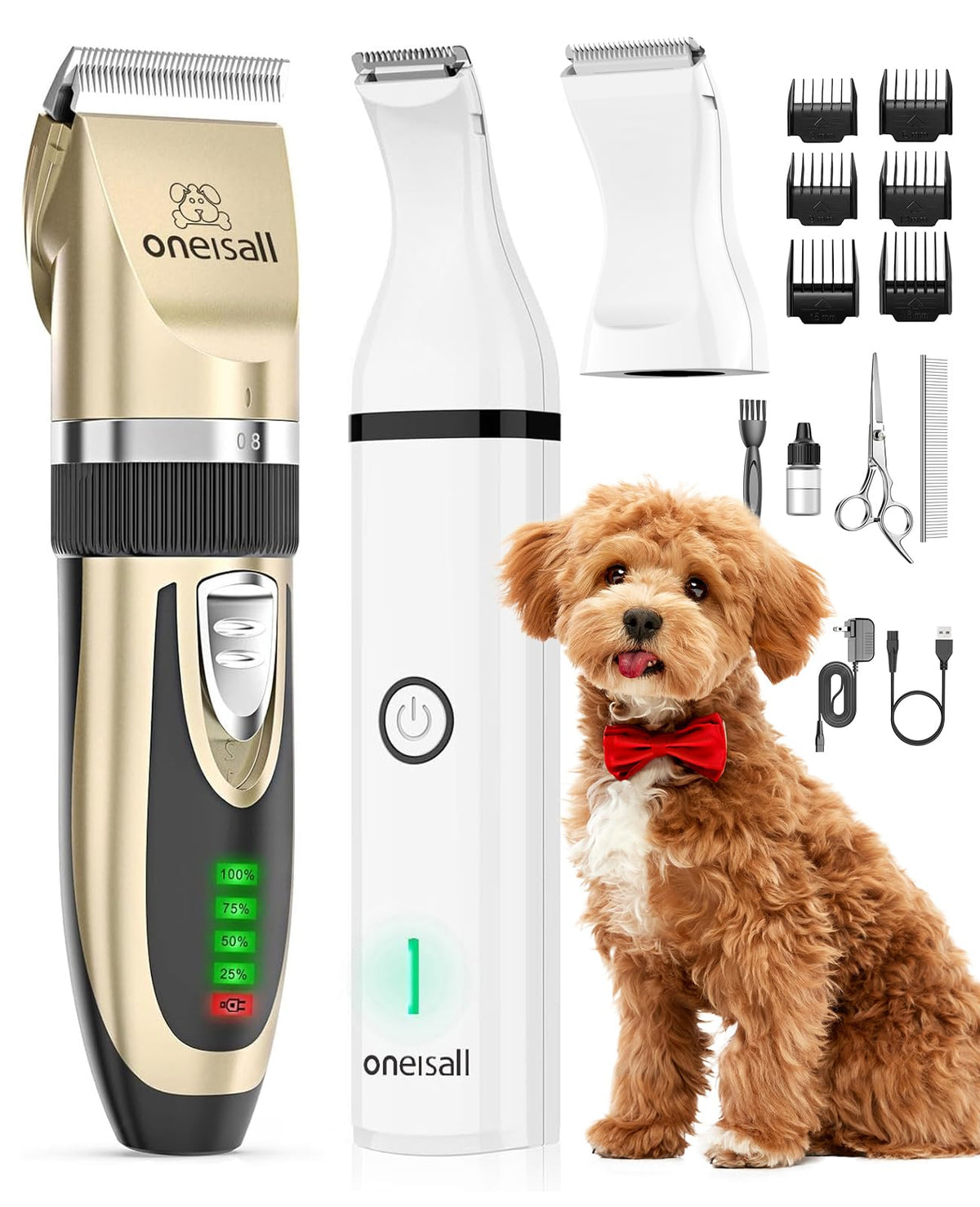 oneisall Dog Clippers and Paw Trimmer Kit 2 in 1 Low Noise Cordless Dog Clippers for Grooming Pet Hair Trimmers for Small and Large Dogs Cats Animals