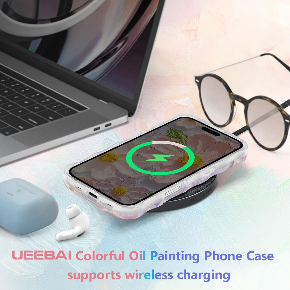 UEEBAI Flower Case for iPhone 17 Case, Colorful Retro Oil Painting Girly Phone Cover Pretty Glossy Pattern Wave Cover Cute Sparkly Floral Curly Shell for Women and Girl, Pink Purple