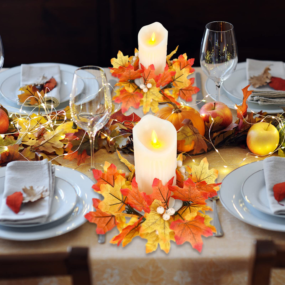 Hotop Fall Candle Rings Thanksgiving Day Ring Holder with Maple Leaves Wreath Mini Autumn Artificial for Home Table Decoration Centerpiece (4 Pieces), White