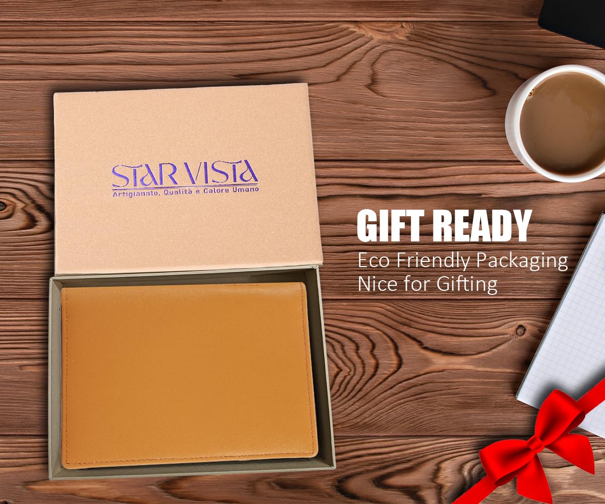 STAR VISTA Phoenix Leather Passport Holder, Calfskin Leather Travel Wallet - RFID Blocking, ID Window, Zipper Pocket, Pen & Notebook Included, AirTag Holder, Honey