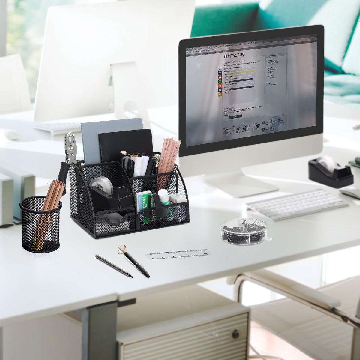 SYMDROMIA 13-in-1 Office Desk Organizer Set with Stapler and Tape Dispenser, Pen Holder, Scissors, Ruler, Hole Punch, 2 Pens & More Desktop Accessories for Back to School Supplies (Black)