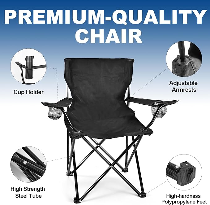 2 Pack Camping Chairs for Adults & Teens, 250LBS Capacity Foldable Portable Lightweight Chairs with Carry Bag, Compact Design for Camping, Beach, Picnics, and Outdoor Events
