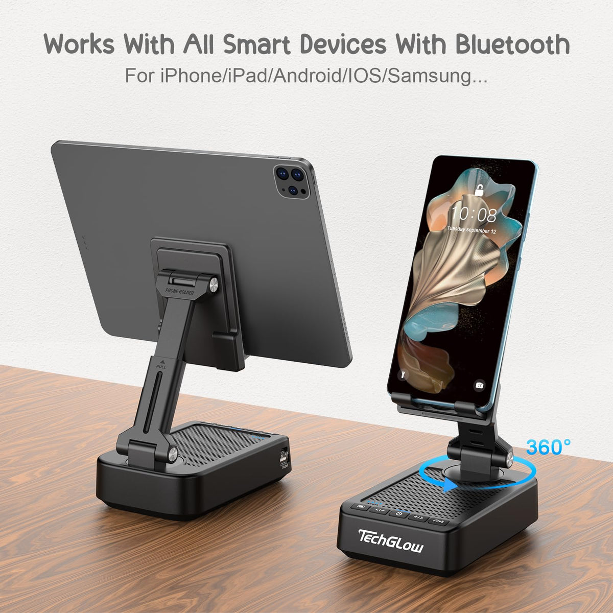 TechGlow Foldable Cellphone Stand with Bluetooth Speaker Charging Function 360° Rotatable Phone Stand Birthday Gifts for Men Women Mother Father Cool Tech Gadgets