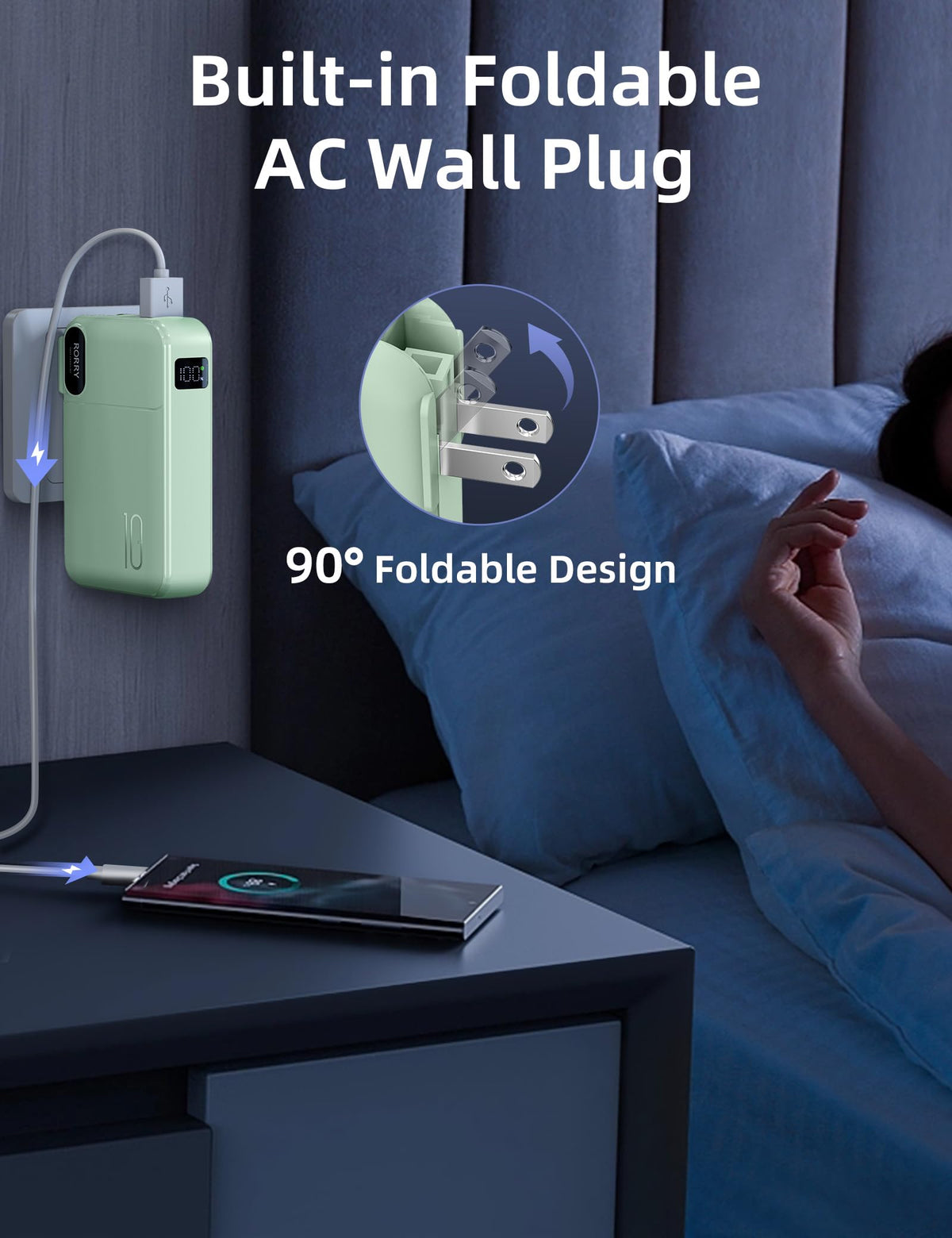 RORRY Portable Charger Built in Cables, AC Wall Plug In Portable Charger Power Bank 10000mAh Travel Battery Pack 22.5W Fast Charging for iPhone 17/16/15 Samsung Galaxy S25/S24/S23 Pixel LG iPad, Green
