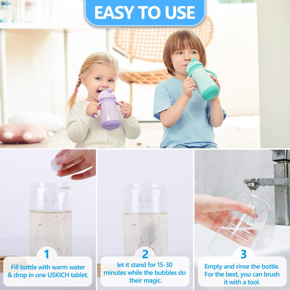 USKICH 48 Pack Water Bottle Cleaning Tablets,Water Bottle Cleaner Great for Stainless Steel, Thermos, Tumbler, Insulated and Reusable Water Bottles,Removes Stubborn Stains and Odors