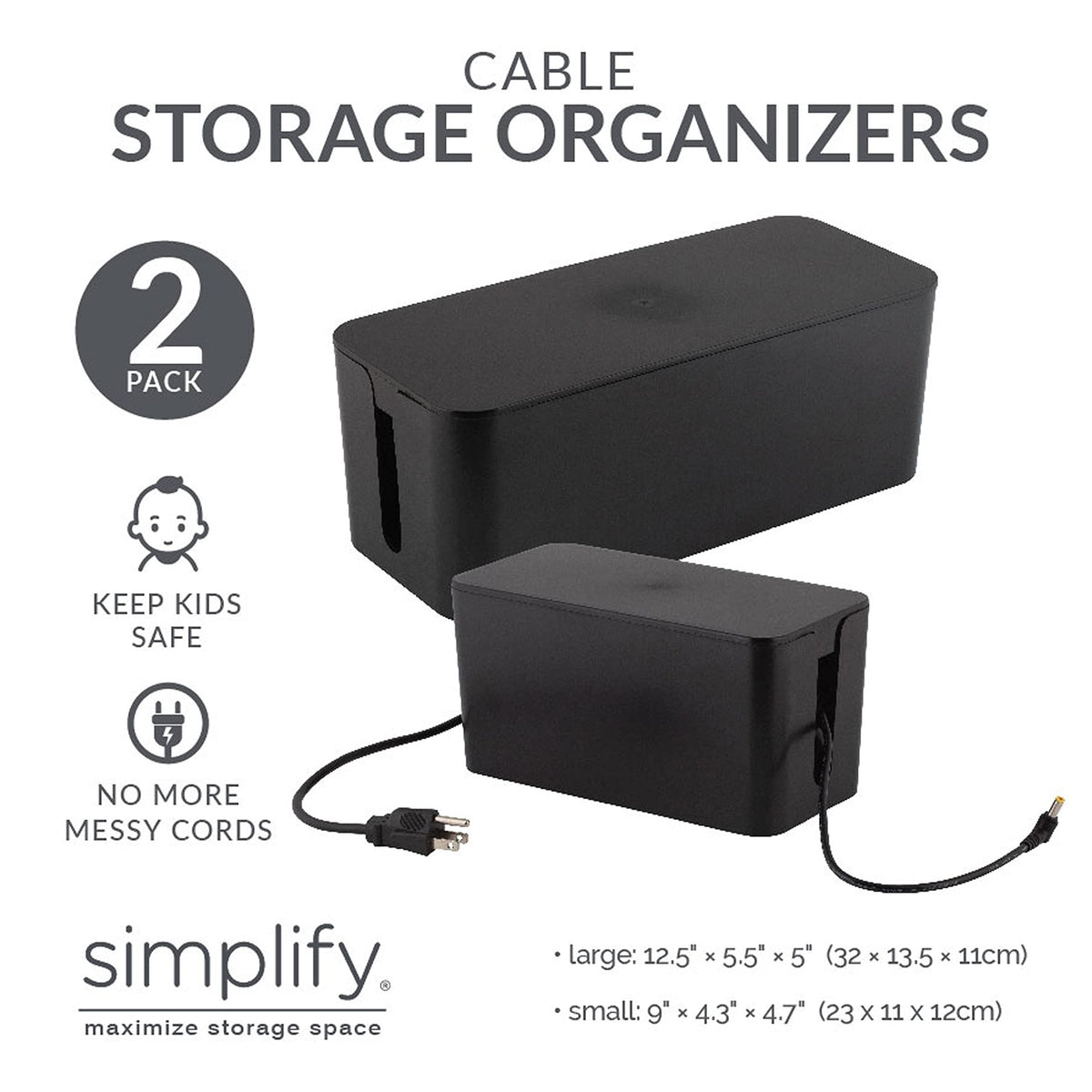 Simplify 2 Pack Cable Organizer Box | Multi-sized | Hidden Storage with Lid | Chargers & Wires | Computer & TV Cords | Black