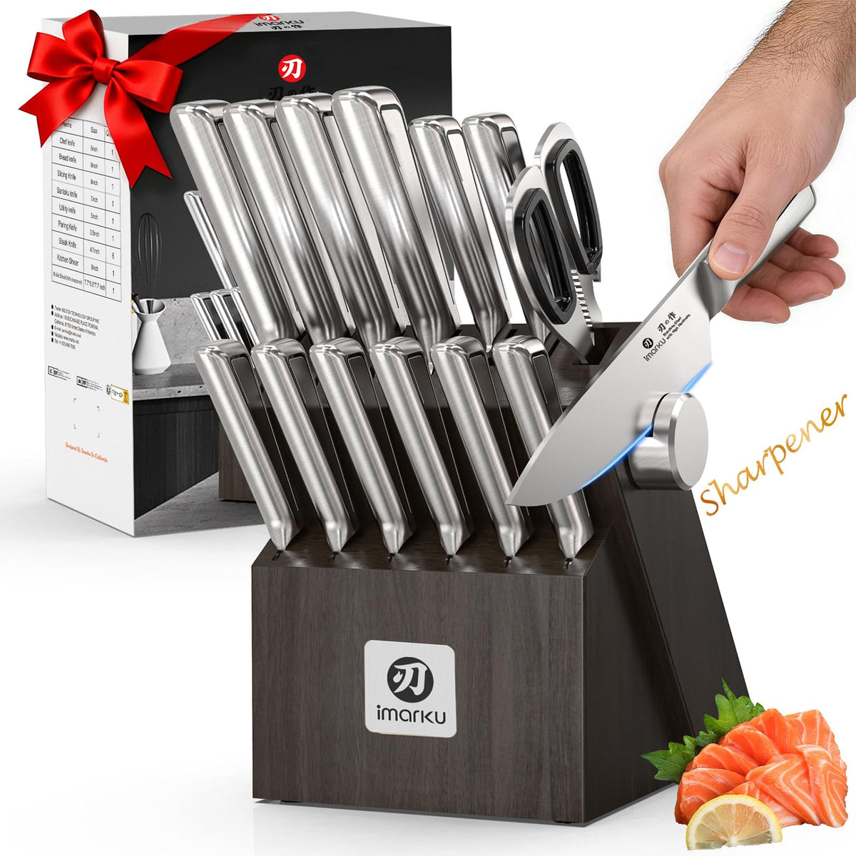 Knife Sets for Kitchen with Block imarku G14 Japanese Knife Set Stainless Steel Kitchen 14pcs, Built-in Sharpener, Sharp Knives with Non-slip Ergonomic Handle - Dishwasher Safe, Home Essential Gifts