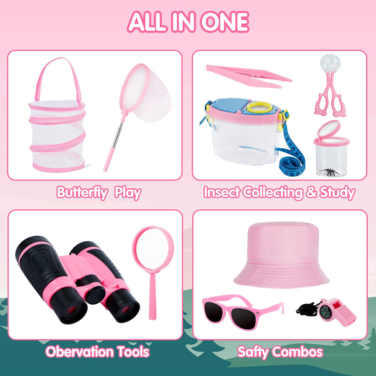 GINMIC Bug Catcher Kit for Kids, Bug Catching Kit with Binoculars, Magnifying Glass, Bugs Habitat and Butterfly Net, Outdoor Explorer Toys Gifts for 3-12 Years Old Boys and Girls