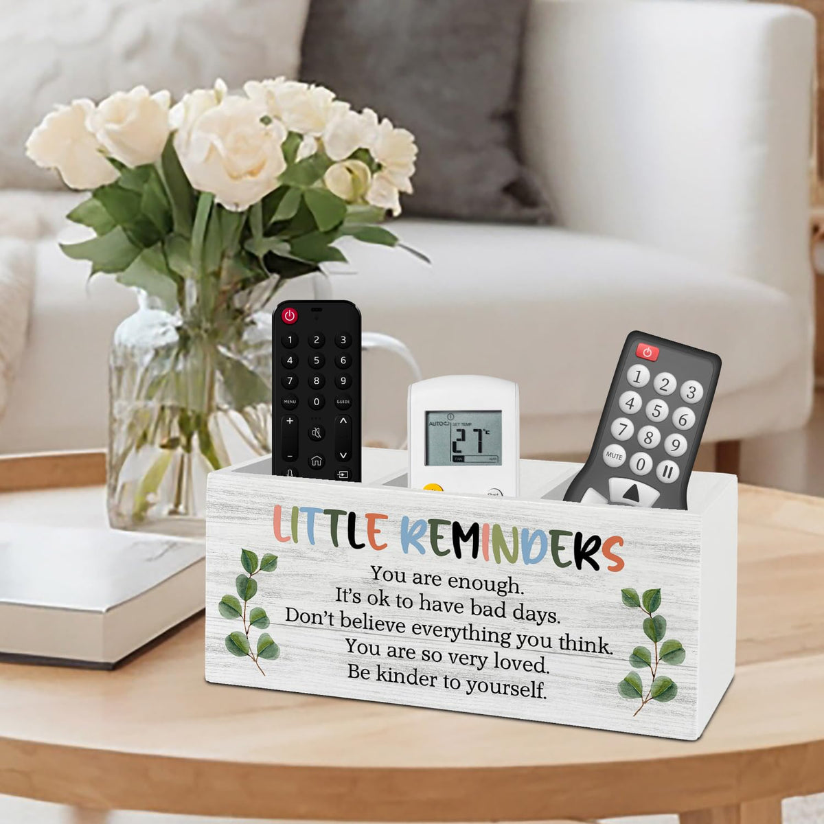 XLDLIOO Little Reminders Inspirational Pen Pencil Holder Organizer for Desk Accessories, Mental Health Motivational Wooden Box Sign Desk Decor for Home Office Decoration, Positive Gifts