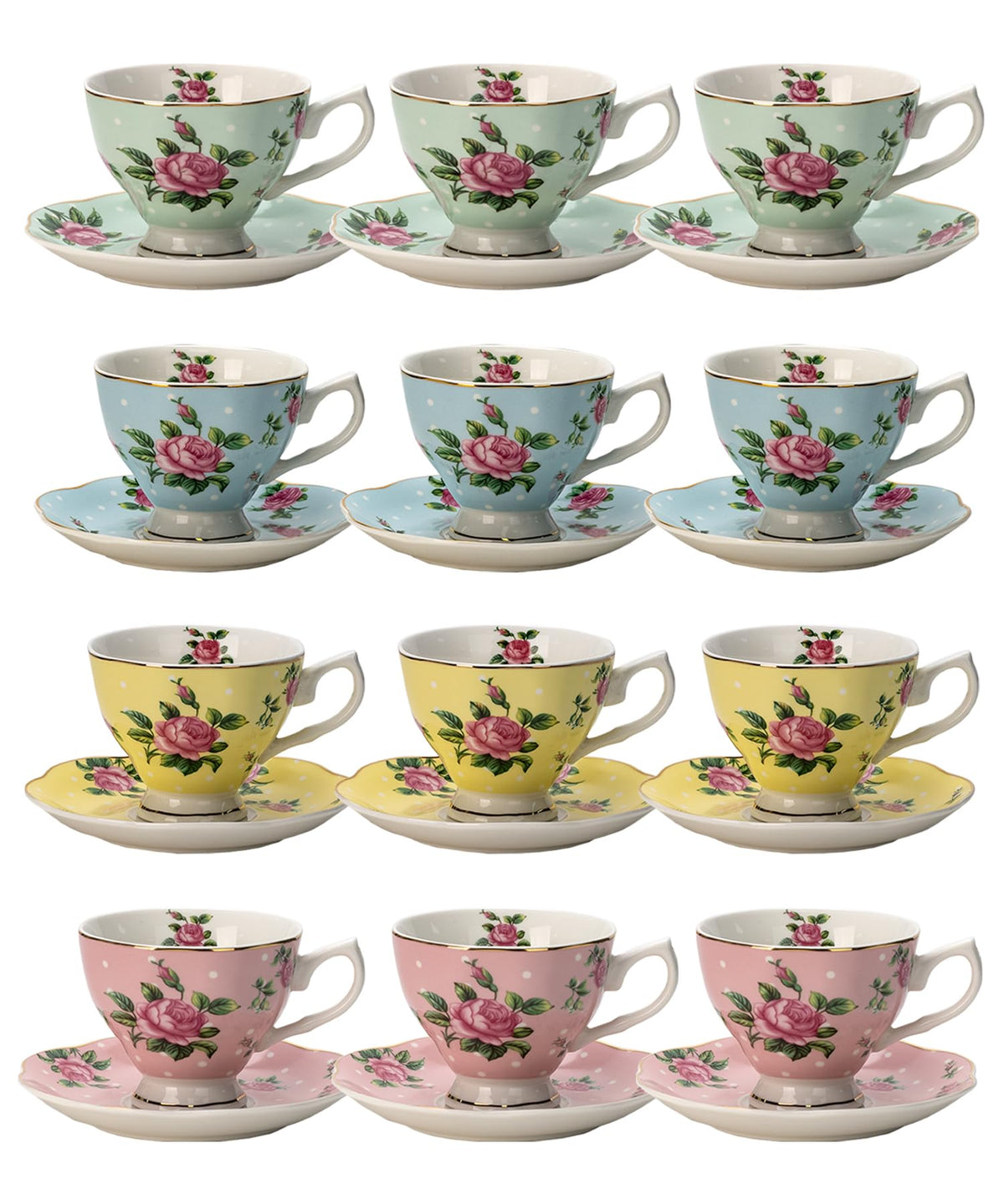 BTaT- Floral Tea Cups and Saucers, Set of 12, 8 oz, Fine Porcelain Teacup Set with Gold Trim for Afternoon Tea, Weddings, Parties & Gifting, Dishwasher Safe, Lightweight, Non-Toxic, Mothers Day Gift