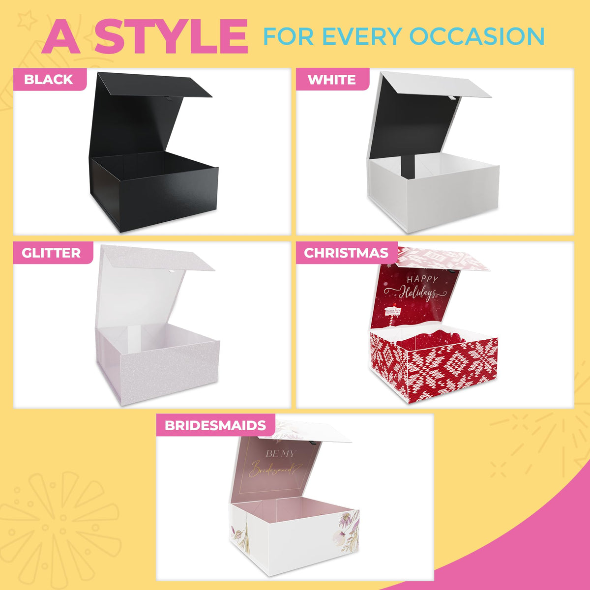 Kiniu 5Pack Black Gift Boxes with Lids Bulk - Gift Boxes for Presents with 25PCS White Tissue Paper - Black Gift Box Set - Collapsible Magnetic Closure Box for Bridesmaid Proposal Boxes, Groomsman Box, Wedding, Birthday, Shirt - 9.25x9.25x3.75 Inches