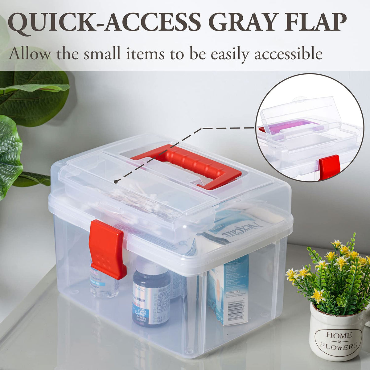 MyGift 10 Inch Premium Clear First Aid Bin with Detachable Tray and Quick Access Top Lid Flap, Portable Emergency Kit, Medical Supply Travel Tote, Medicine Storage Box Container (Red)