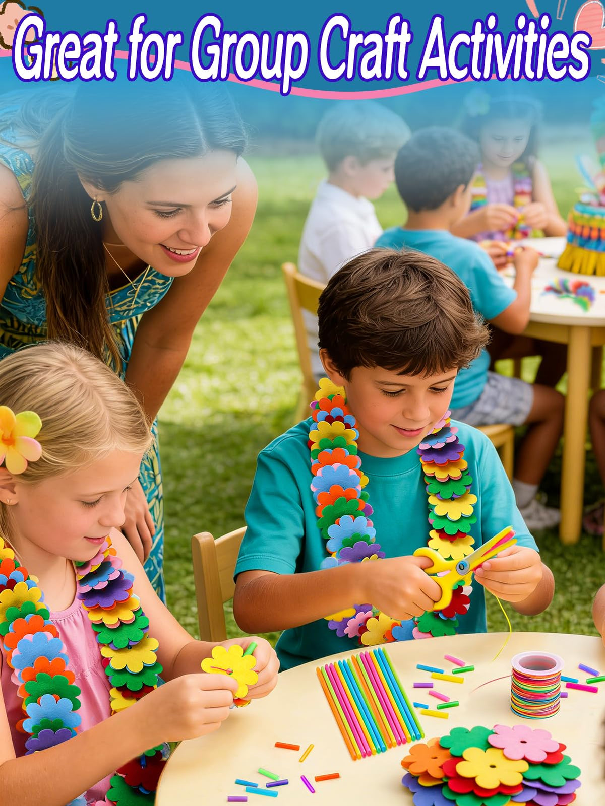 Cosweet Lei Making Craft Kit for Kids - Hawaiian Leis Bulk Makes 24 Flower Necklaces with 1000 Felt Flowers, Lei Craft Supplies for VBS, Classroom Activities & Luau Party Favors