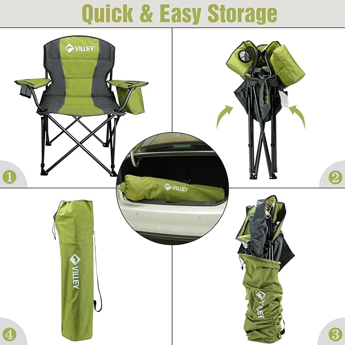 VILLEY Camping Chair, Oversized Folding Camp Chair, Portable Outdoor Chairs Support 400 LBS with Padded Seats, Cooler Bag, Cup Holder, Carry Bag, Green