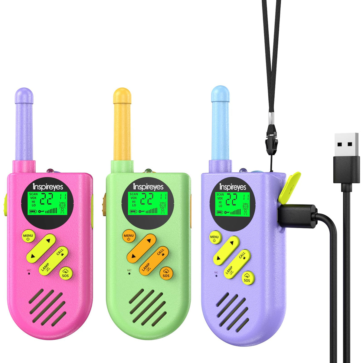 Inspireyes Walkie Talkies for Kids, Rechargeable Long Range 3 Pack, Kids Toys for Boys Girls Ages 3-12, 2 Way Radio Toy, Outdoor Adventure Toys, Camping Hiking Gear, Birthday Gifts for Kids