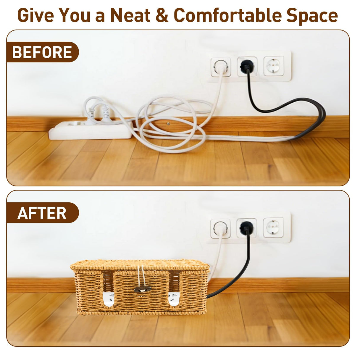 CENELO Cable Management Box - 2 Pack Cord Hider Organizer Boxs - Small & Medium Szie Power Cover Cord Box, Handwoven Rattan Cable Organizer for TV Computer USB Hub Power Strips & Cords