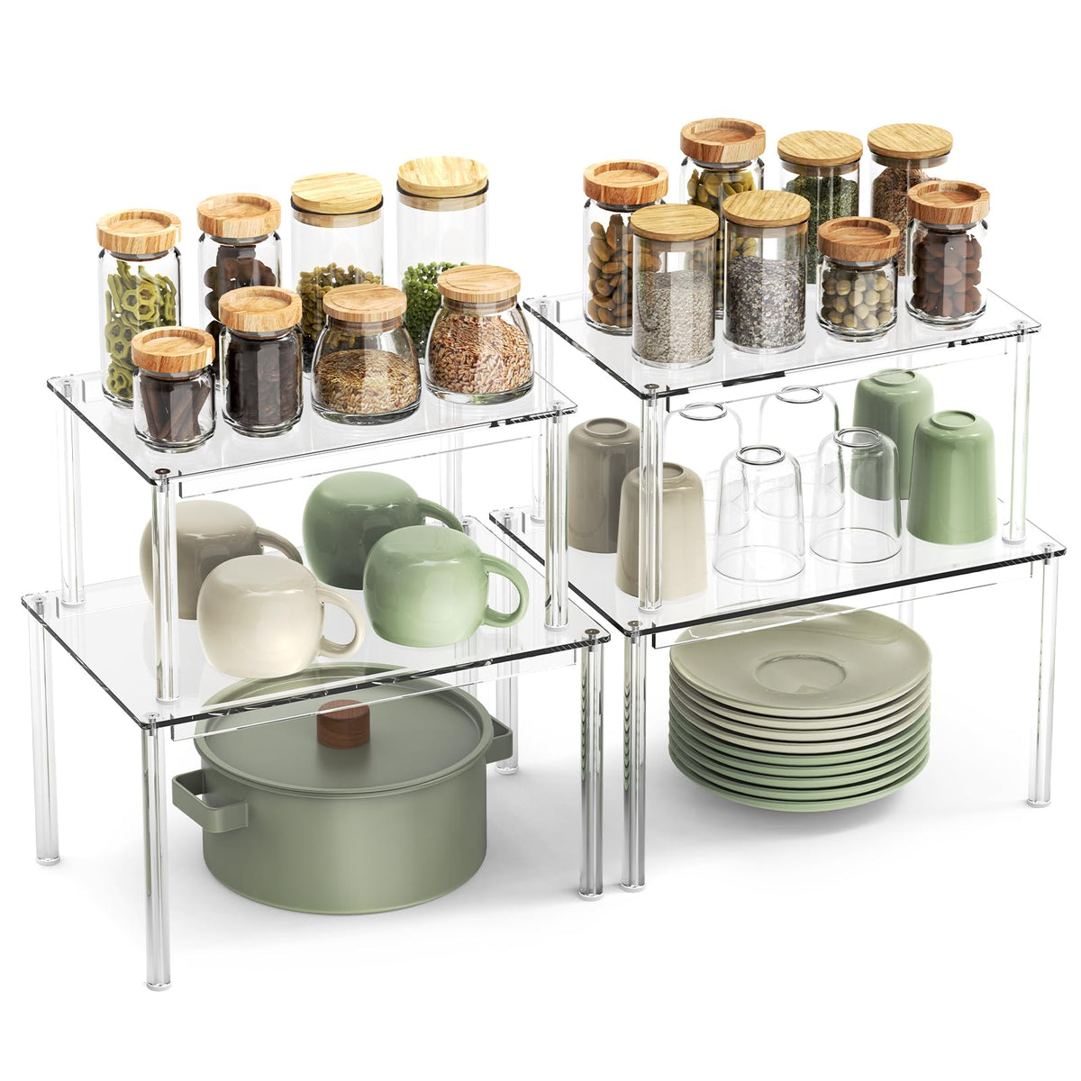 NESTRAXO 4Pack Acrylic Cabinet Organizer, Clear Cabinet Organizer Shelf, Spice Rack Organizer for Cabinet for Dishes, Spices, Soda Cans and Bottles, Stackable Shelves House Essentials for Gift
