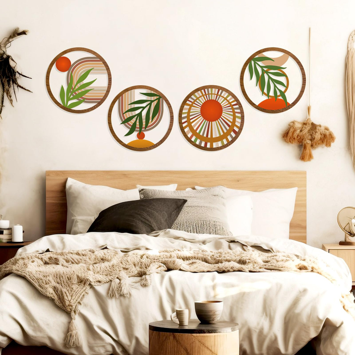 Zzbakress 4 Pcs Boho Wall Decor Rustic Wooden Hollow Bobo Wall Art Bohemian Bedroom Decor 10 inch Farmhouse Wall Hanging Decor Boho Minimalist Wall Art for Bedroom Living Room (Rustic, 4)