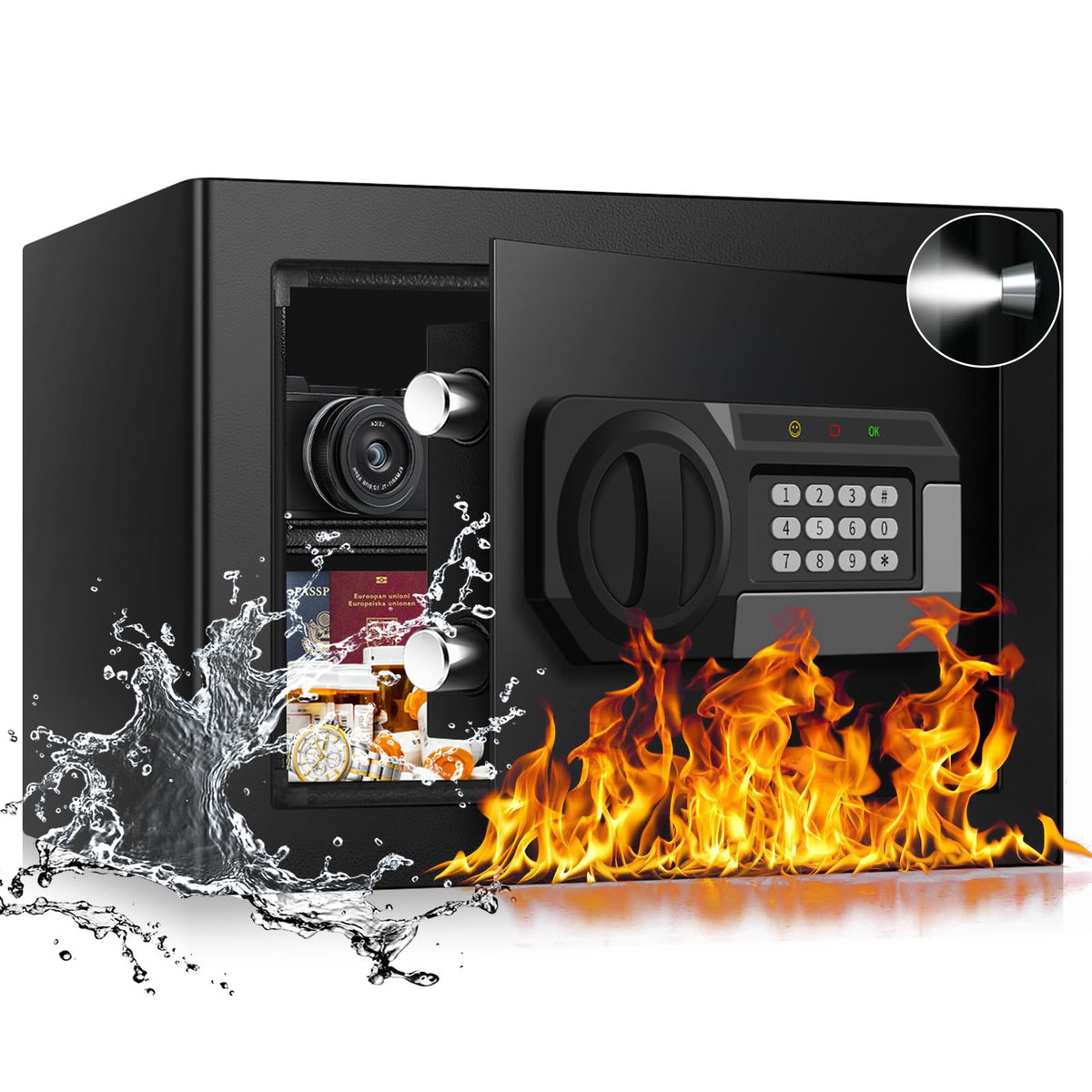 1.2 Cubic Feet Small Fire Safe Box for Home, Fireproof Lock Box, Security Money Safe with Digital Keypad, Spare Keys and Removable Shelf, Personal Home Safes for Money, Jewelry, ID Documents